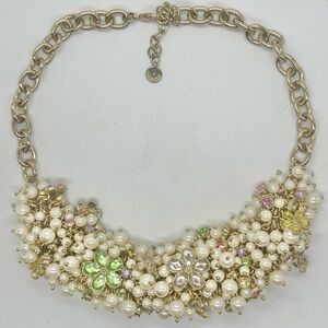 Talbots Faux Pearl Flower Rhinestone Statement Necklace Cluster Gold Tone
